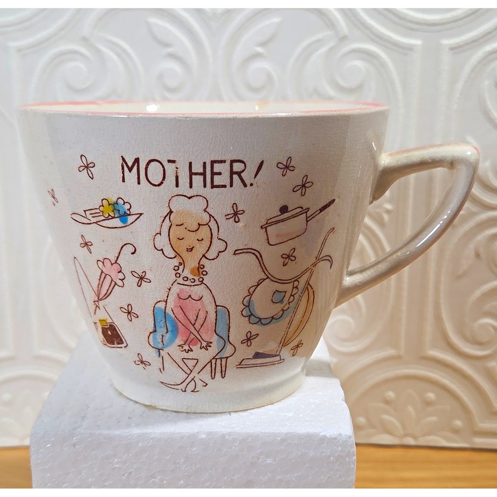 Vintage Japan Novelty "MOTHER!" Ceramic Mug White w/ Pink Rim Painted Decor